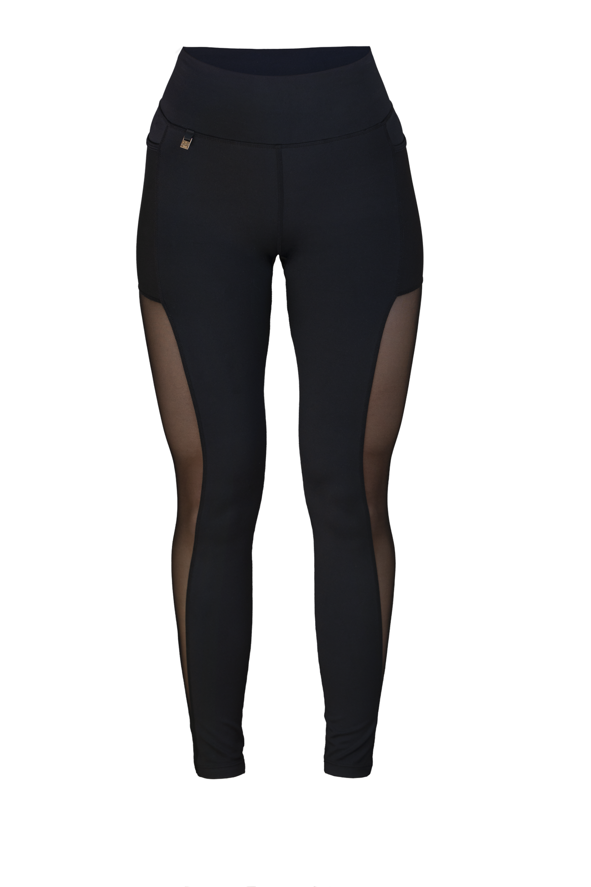 Edge Mesh Treningstights Med Lommer frilagt forfra. Svarte med meshpanel langs siden, lomme på benet og høy midje.