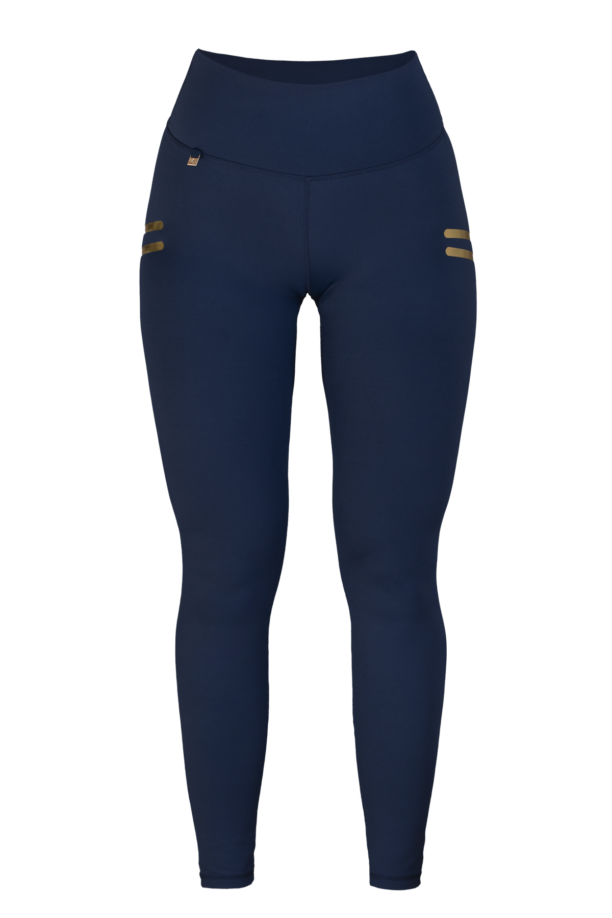 Edge Stripe Treningstights Navy frilagt forfra. Høy midje og to korte gullstreker på hoften.