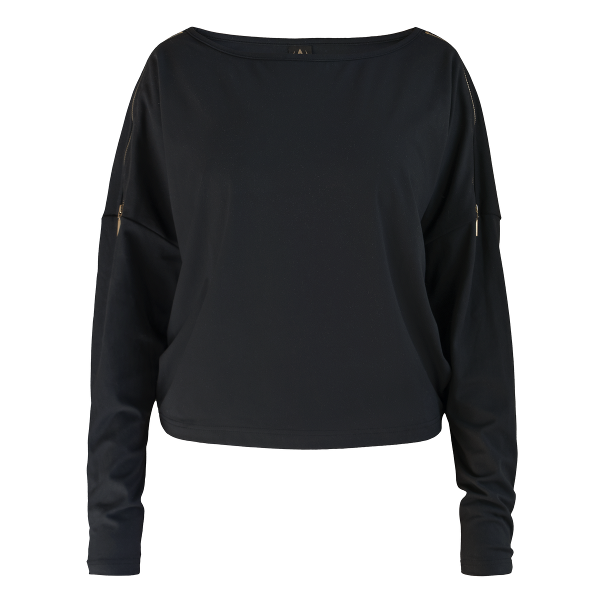 Edge Casual Zip Sweater frilagt forfra. Svart med vid halsutringning, senkede skuldre og lang erm.