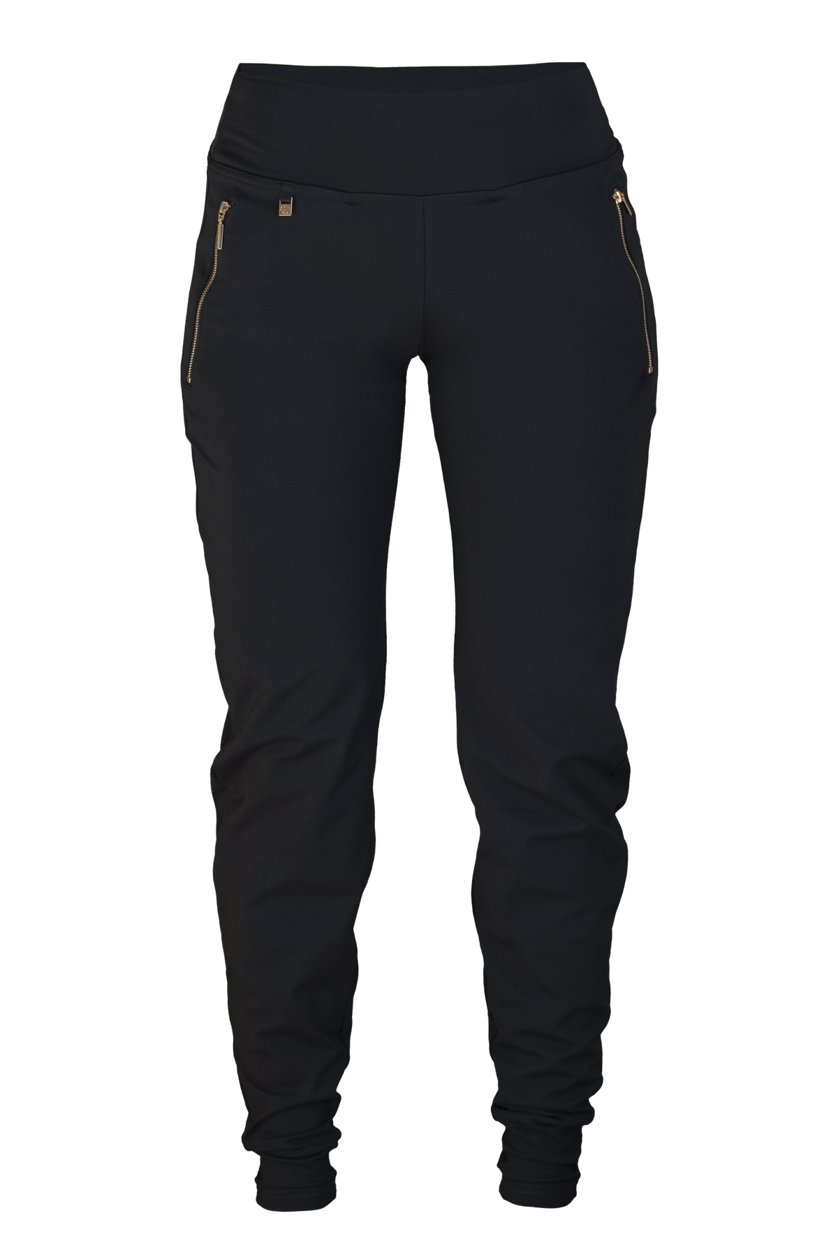Edge Casual Zip Pants frilagt forfra. Svarte med høy midje og gullfargede glidelåser ved lommene.