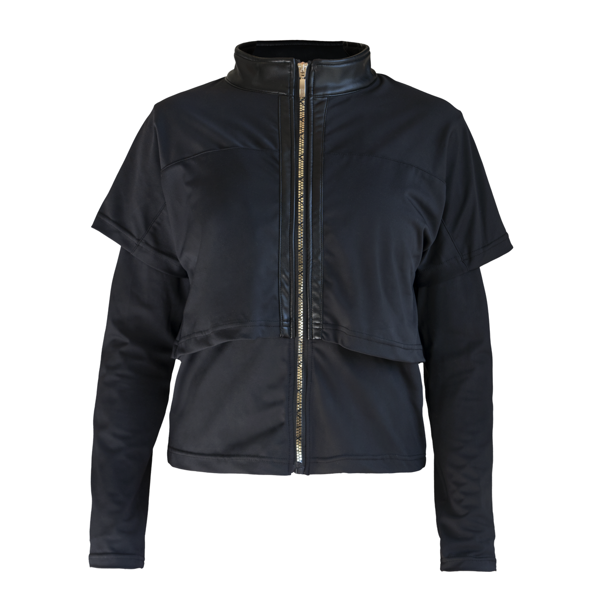 Edge Treningsjakke Gold Zip frilagt forfra. Svart med lagt skulderparti i to lag, høy krage og gullfarget glidelås hele veien opp.