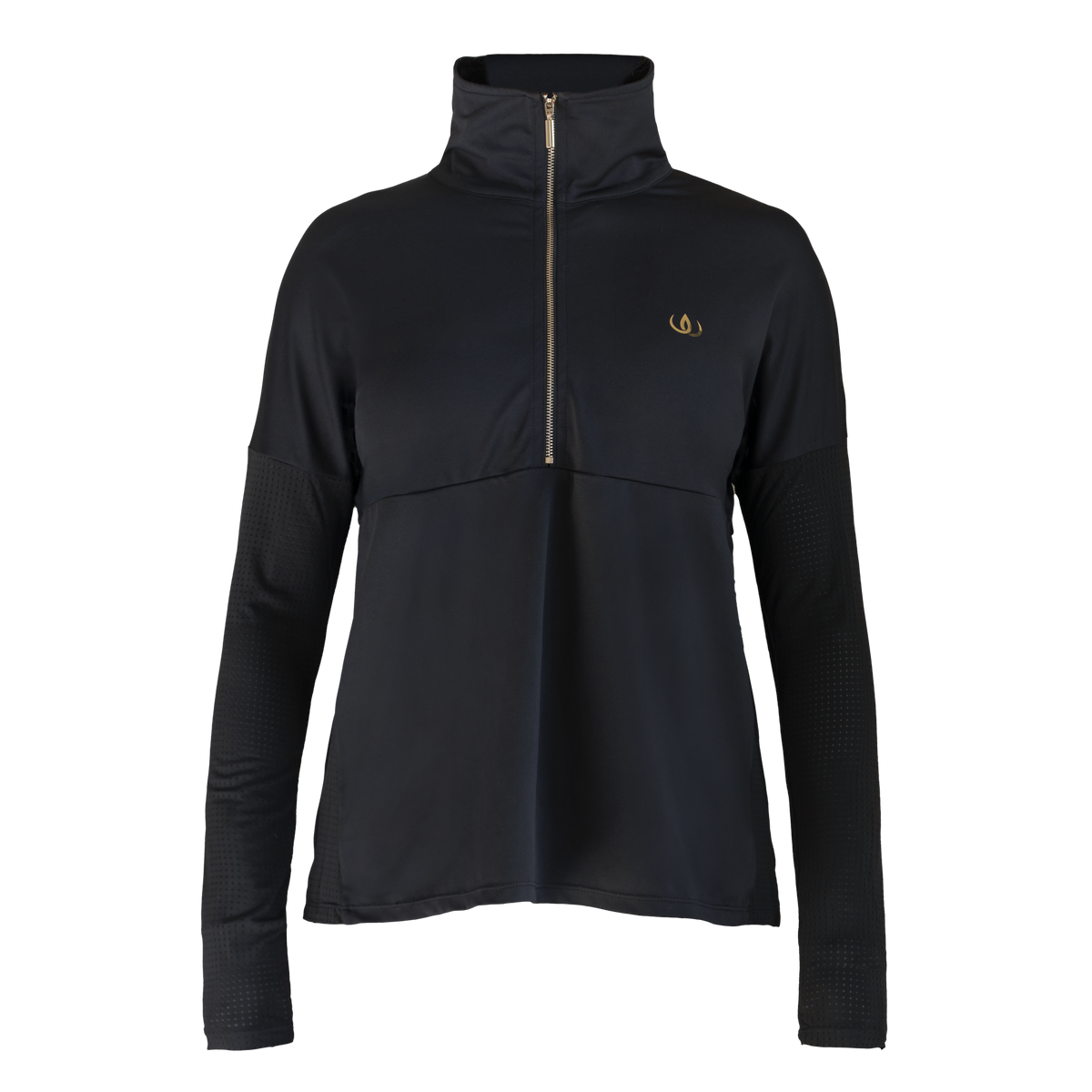 Edge Half Zip Treningsgenser frilagt forfra. Svart med høy krage, gullfarget glidelås ned til brystet og liten gullogo.