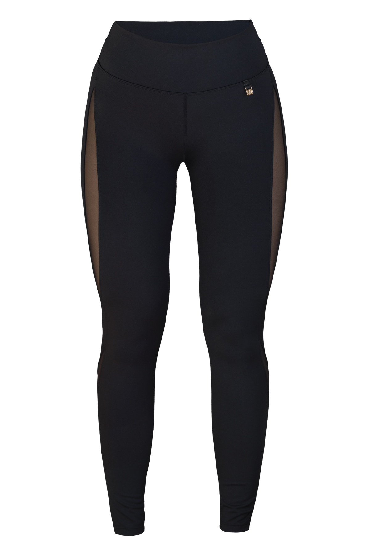 Edge Mesh Sculpting Tights frilagt forfra. Svarte med meshpanel langs yttersiden av benet og høy midje.