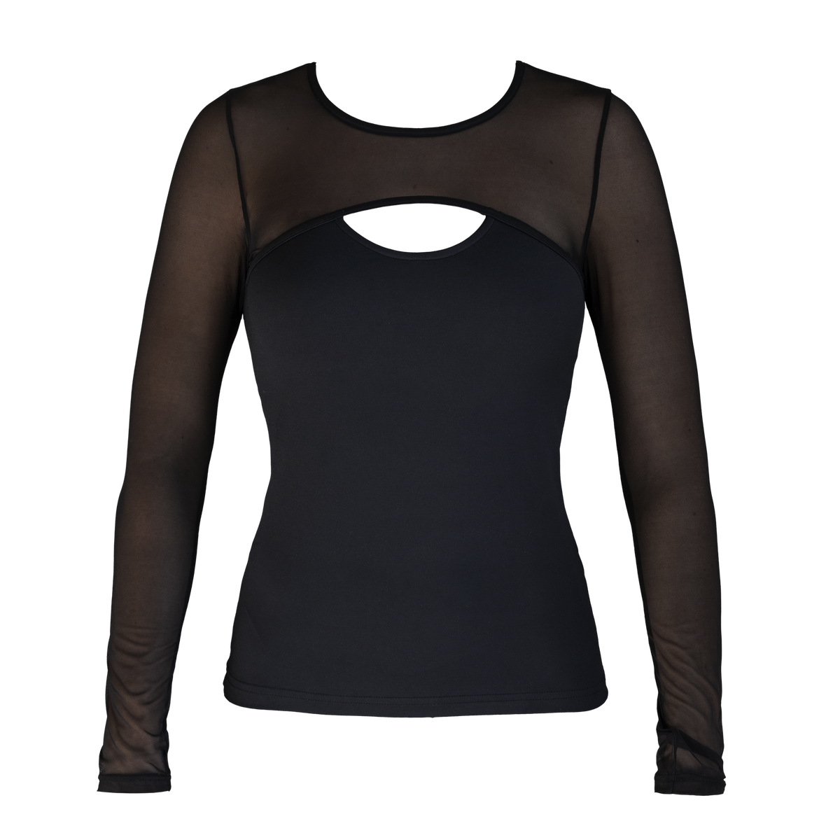 Edge Langermet Mesh Genser frilagt forfra. Svart med mesh over skuldrene og ermene og en åpning ved kragebenet.