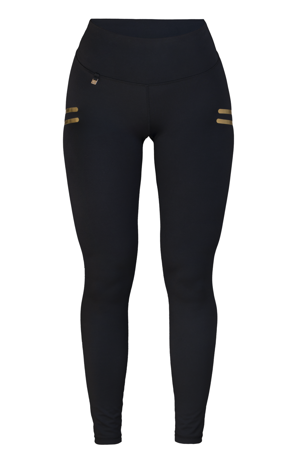 Edge Stripe Treningstights frilagt forfra. Svarte med høy midje og to korte gullstreker på hoften.