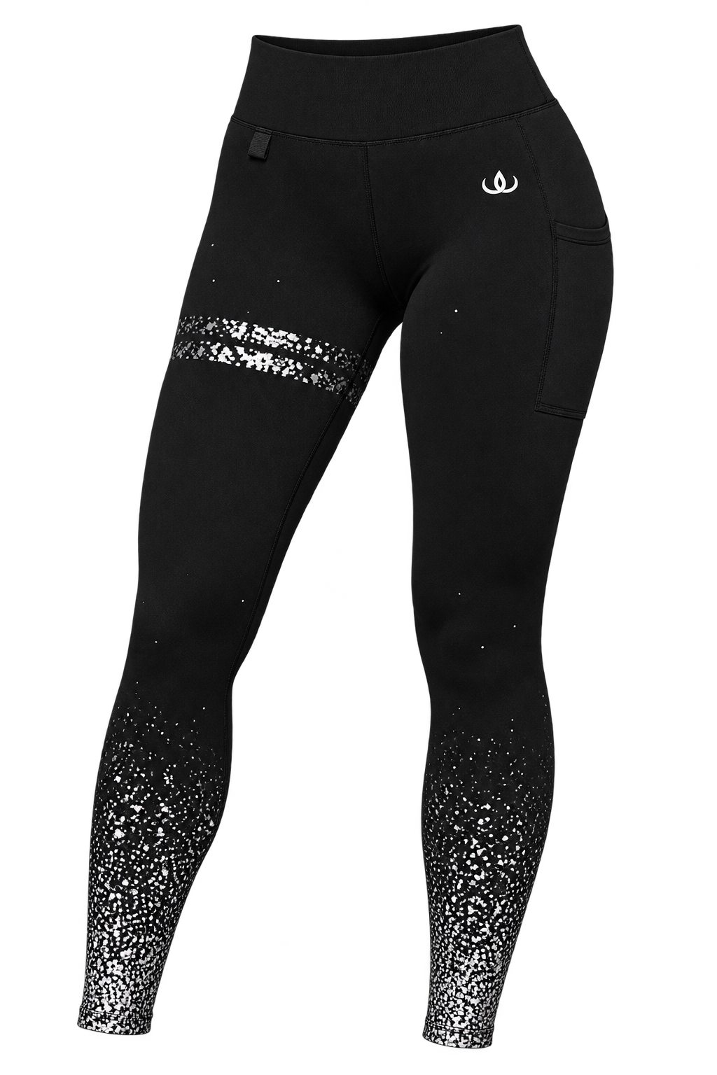 Iconic Silver-Tights Med Lomme frilagt forfra. Svarte med metallicprint i sølv fra ankelen opp på låret, høy midje og gullogo.