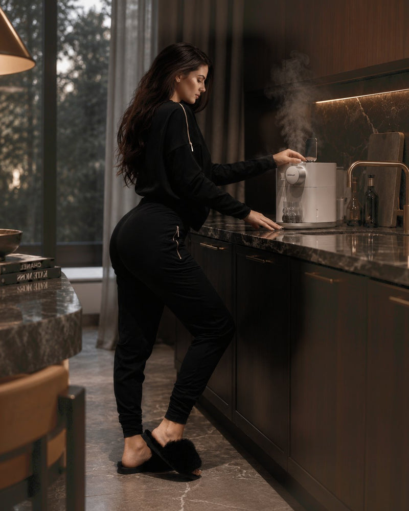 Kvinne i Edge Casual Zip Sweater og Zip Pants lager kaffe ved kaffemaskinen på kjøkkenet.