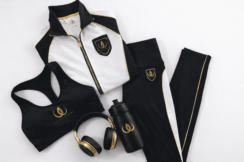 Plagg og tilbehør i svart, hvitt og gull lagt flatt: vest, sportstopp, tights, vannflaske og hodetelefoner med Wallderinskas logo.